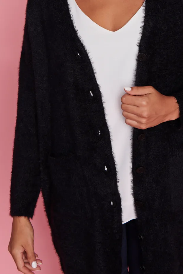 Lorraine Designs Knits & Cardigans*Fuzzy Black Long Cardi