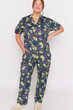 YD International Tops*Meredith Dino Christmas Scrub Top