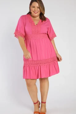 Lorraine Designs Fit & Flare Dresses | Knee Length Dresses*Niki Hot Pink Lace Trim Dress