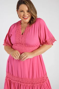 Lorraine Designs Fit & Flare Dresses | Knee Length Dresses*Niki Hot Pink Lace Trim Dress