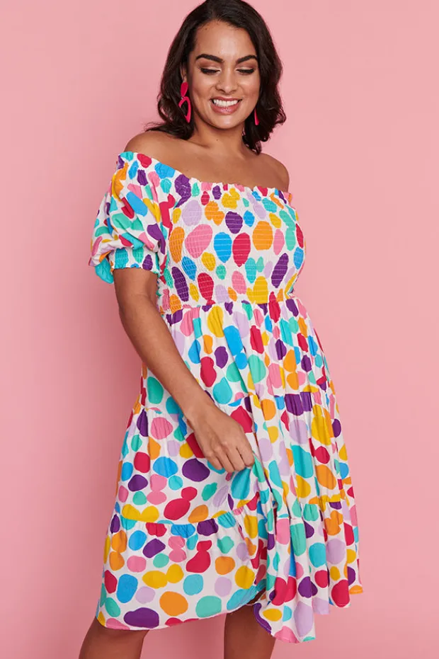 Lorraine Designs Off The Shoulder Dresses | Cocktail Dresses*Nyla White Rainbow Pebble Dress