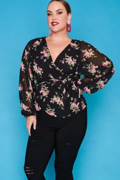 Lorraine Designs Tops*Rhapsody Black Floral Wrap Top